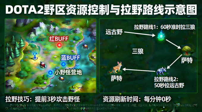 DOTA2野区资源控制与拉野路线示意图